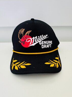 Miller Genuine Draft Black Snapback Trucker Hat Yellow Rope and Embroidery Adjus